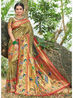 Sangam Prints - Rama Green Paithani Silk Woven Zari Work Tassel Saree with Unstitched Blouse
