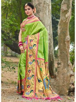 Sangam Prints - Parrot Green Paithani Silk Woven Zari Work Tassel Saree with Unstitched Blouse