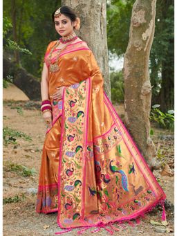 Sangam Prints - Orange Paithani Silk Woven Zari Work Traditional Tassel Saree with Unstitched Blouse