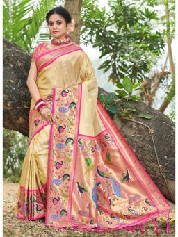 Sangam Prints - Cream Paithani Silk Woven Zari Work Traditional Tassel Saree with Unstitched Blouse