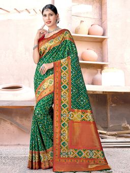 Sangam Prints - Green Silk Woven Zari Work Traditional Tassel Saree with Unstitched Blouse