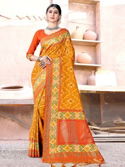 Sangam Prints - Mustard Silk Woven Zari Work Traditional Tassel Saree with Unstitched Blouse