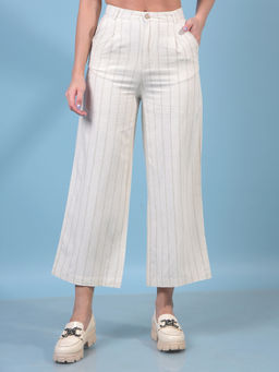 CRIMSOUNE CLUB - Women Beige Vertical Stripes Linen Trouser