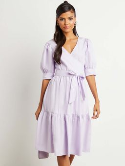 Styli - Lavender Wrap Front Puff Sleeves A-line Knee Length Dress