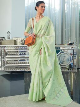 Sareemall - Women's Cotton Linen Light Green Chikankari Designer Saree With Unstitched Blouse