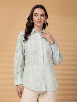 Gipsy - Sea Blue Embroidered Schiffli Cotton Shirt