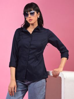CRIMSOUNE CLUB - Womens Navy Blue Solid Shirt