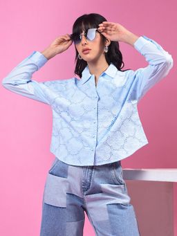 CRIMSOUNE CLUB - Womens Blue Embroidered Cotton Crop Shirt