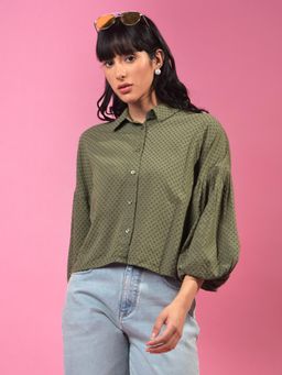 CRIMSOUNE CLUB - Womens Green Printed Crop Shirt
