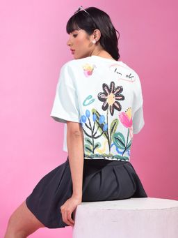 CRIMSOUNE CLUB - Women's Green Graphic Print Cropped Oversize T-Shirt