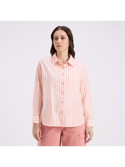 Pepe Jeans - Women Orange Vertical Stripe Full Sleeve Oversized Shirt
