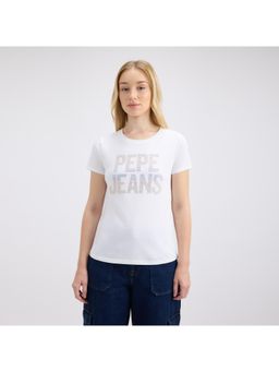 Pepe Jeans - Womens White Embellished Short Sleeve T-Shirt