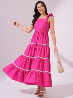 Globus - Women Pink Square Neck Ruffle Sleeves Solid Lace A-line Maxi Dress