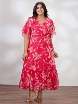 Globus - Women Pink Flared Sleeves Floral Print Tiered Plus Size A-line Maxi Dress