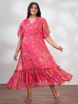 Globus - Women Pink Flared Sleeves Floral Print Plus Size A-line Maxi Dress
