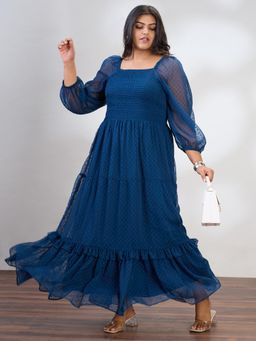 Globus - Women Blue Square Neck Raglan Sleeves Self Design Plus Size Maxi Dress