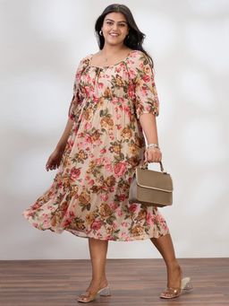 Globus - Women Beige Square Neck Raglan Sleeves Floral Print Plus Size Midi Dress