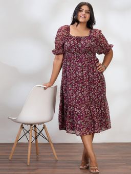 Globus - Women Maroon Square Neck Raglan Sleeves Floral Print Plus Size Midi Dress