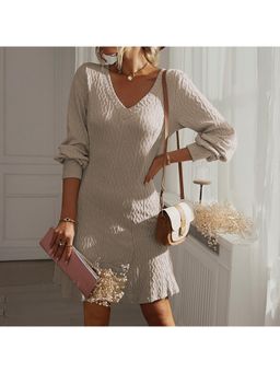 Outzidr - Cream Textured V Neck Dress
