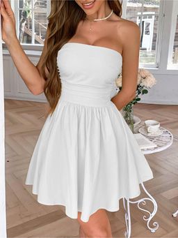 Outzidr - White Solid Tube Skater Dress