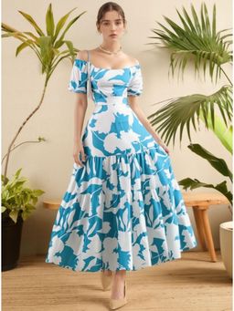 Outzidr - Blue Broad Neck Waist Cut Out Tiered Flared Maxi Dress