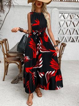 Outzidr - Black Printed A Line Belt Tie Up Dress (Set of 2)