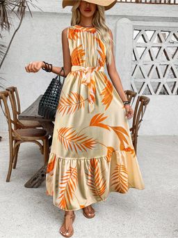 Outzidr - Orange Printed A Line Belt Tie Up Dress (Set of 2)