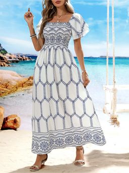 Outzidr - Blue Indigo Printed Flutter Sleeves Dress