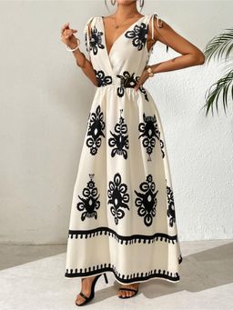 Outzidr - White Plunge Neck Printed Tie Up Dress
