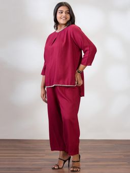 Globus - Womens Maroon Round Neck Solid Plus Size Top and Trouser (Set of 2)