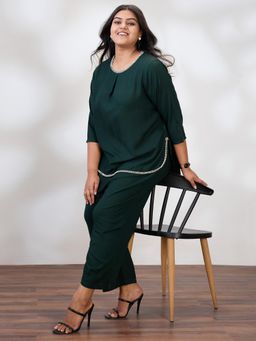 Globus - Womens Green Round Neck Solid Plus Size Top and Trouser (Set of 2)