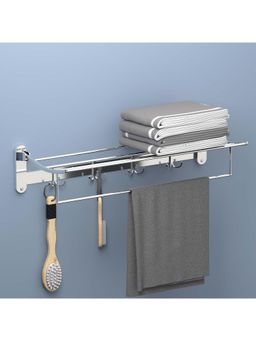Kuber Industries - Wall Mounted Towel Holder With 4 Fixed Dual Hooks Chrome Finish - Silver