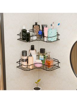 Kuber Industries - 2 Pcs Metal Self Adhesive Bathroom Organiser With Drill Screws Black (Pack of 2)