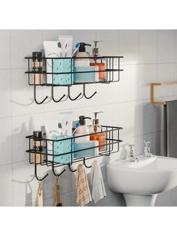 Kuber Industries - Self Adhesive Bathroom Organiser With Drill Screws & 4 Hooks Black (Pack of 2)