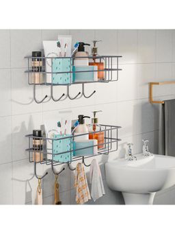 Kuber Industries - Self Adhesive Bathroom Organiser With Drill Screws & 4 Hooks Grey (Pack of 2)