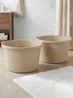 Kuber Industries - 50 Ltr Deep Bath Tub Large Capacity with Handle Grip Beige (Pack of 2)
