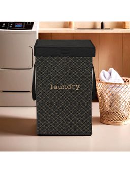 Kuber Industries - 75 Ltr Golden Dot Foldable Laundry Basket Lid & Handles Black