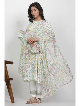 W - Floral Print Chiffon White Dupatta for Women