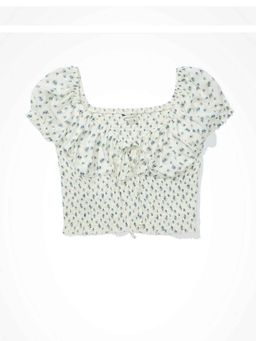 American Eagle - Women White Short-Sleeve Smocked Blouse