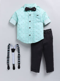 Little Collars - Printed Shirt Pant with Suspender & Bow Tie Co-ord - Green (Set of 4)