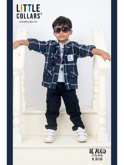 Little Collars - Checkered Casual Shirt & T-shirt with Cargo Pant - Navy Blue (Set of 3)