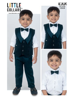 Little Collars - Jacquard Waistcoat Tuxedo Shirt Pant with Bow Tie - Teal (Set of 4)