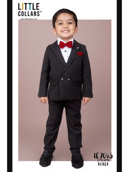 Little Collars - Satin Pinstriped Coat Tuxedo Shirt Pant with Bow Tie - Black (Set of 4)