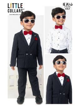 Little Collars - Pinstriped Coat Tuxedo Shirt Pant with Bow Tie - Navy Blue (Set of 4)