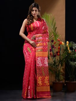 CHARUKRITI - Hot Pink Handwoven Saree with Multicolour Floral Designs & Motifs