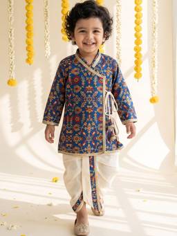 AJ Dezines - Blue Ethnic Print Cotton Blend Angrakha With Dhoti