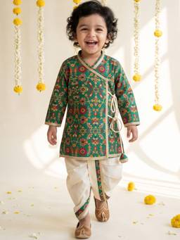 AJ Dezines - Green Ethnic Print Cotton Blend Angrakha With Dhoti
