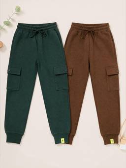 KiddoPanti - Boys Cotton Fleece Cargo Pocket Joggers (Pack of 2)