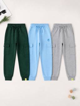 KiddoPanti - Boys Cotton Fleece Cargo Pocket Joggers (Pack of 3)