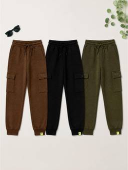 KiddoPanti - Boys Cotton Fleece Cargo Pocket Joggers (Pack of 3)